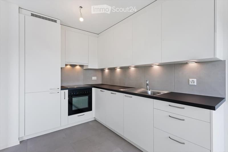 Modern kitchen with white cabinets, black countertops, stainless steel sink, and built-in oven.