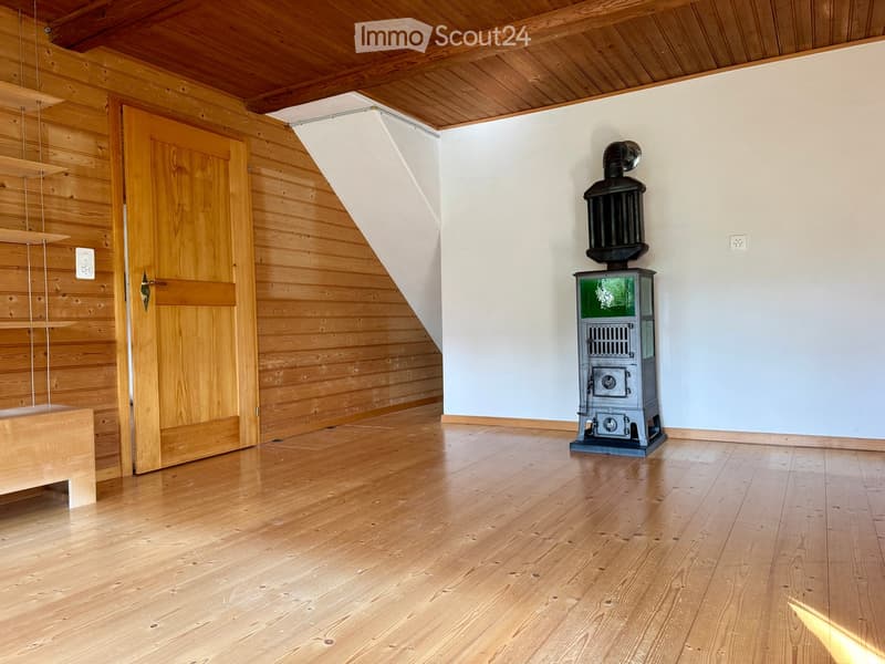 Empty room with wooden walls, wooden floor, and a wood-burning stove. No furniture or equipment present.