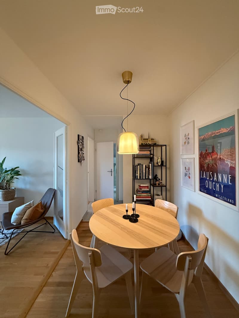 A modern dining area with a round wooden table, six chairs, a hanging lamp, a bookshelf, and a potted plant in the corner.