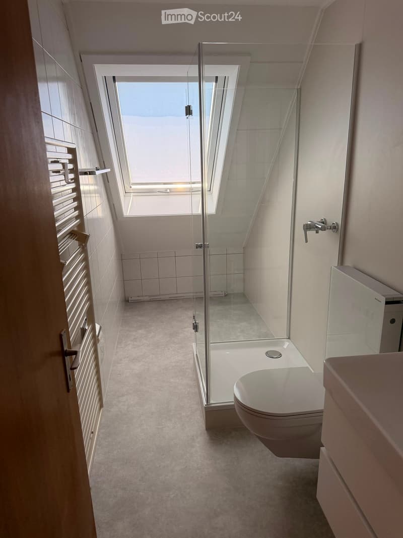 Modern bathroom with a glass-enclosed shower, toilet, and a skylight window above the shower area. The space features light-colored tiles and a sleek design.