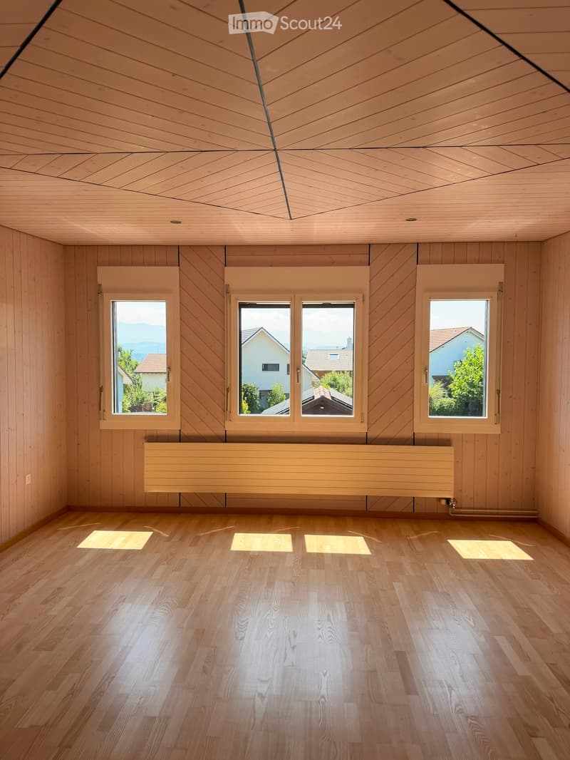 Empty room with wooden walls, ceiling, and floor, large windows with views of the outside, and a built-in radiator.
