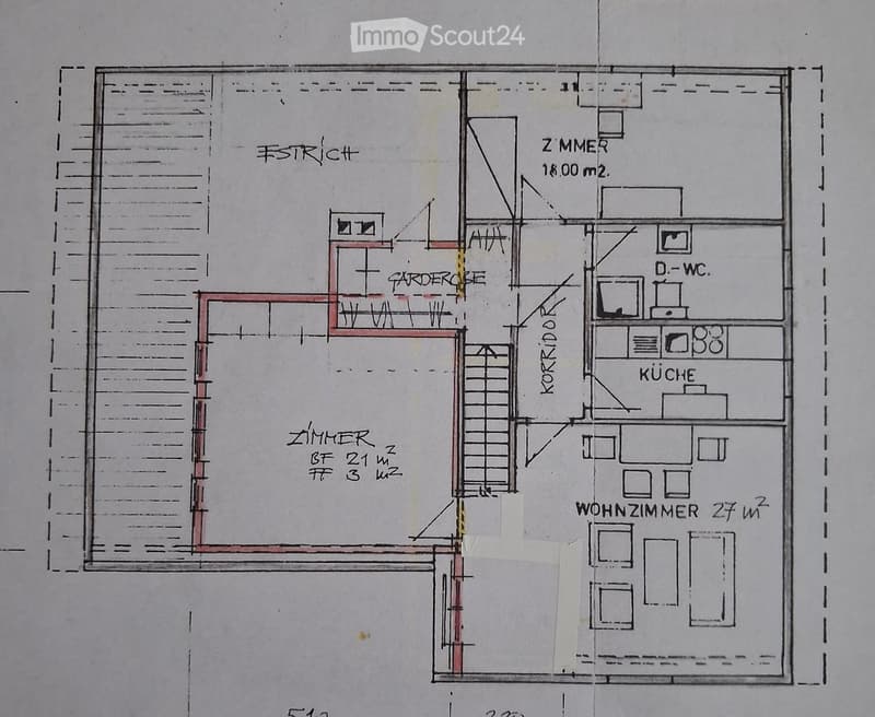 Floor plan showing a living room, kitchen, two bedrooms, and a bathroom. Includes a corridor and a staircase leading to an upper level.