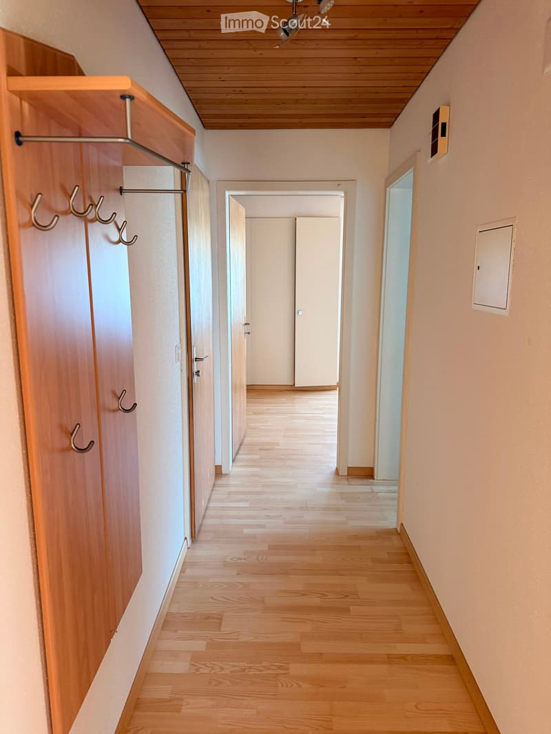 Clean, well-lit hallway with wooden flooring, light-colored walls, and built-in wooden coat rack with hooks on the left side. Doors lead to adjacent rooms.