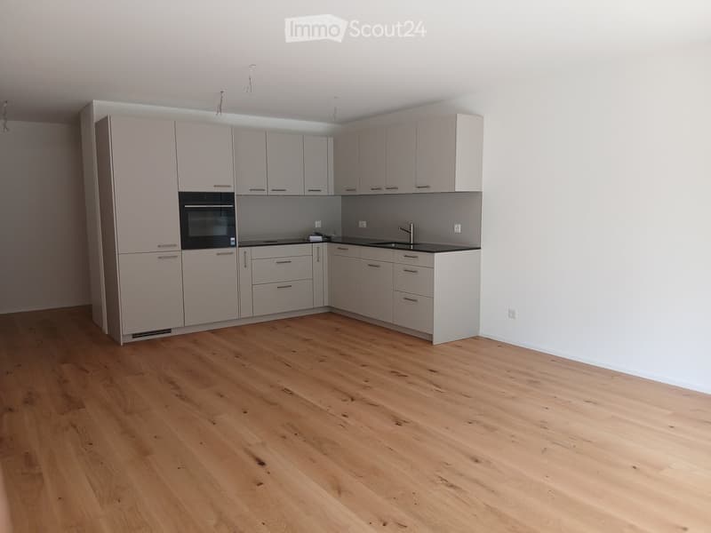Empty kitchen with light grey cabinets, black countertops, and wooden flooring.