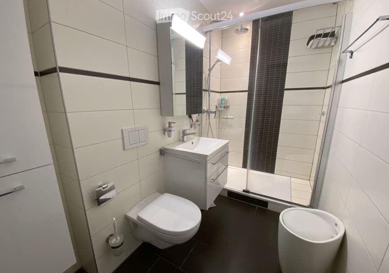 Modern bathroom with white tiles, black accents, a toilet, sink, mirror, and a glass-enclosed shower area.