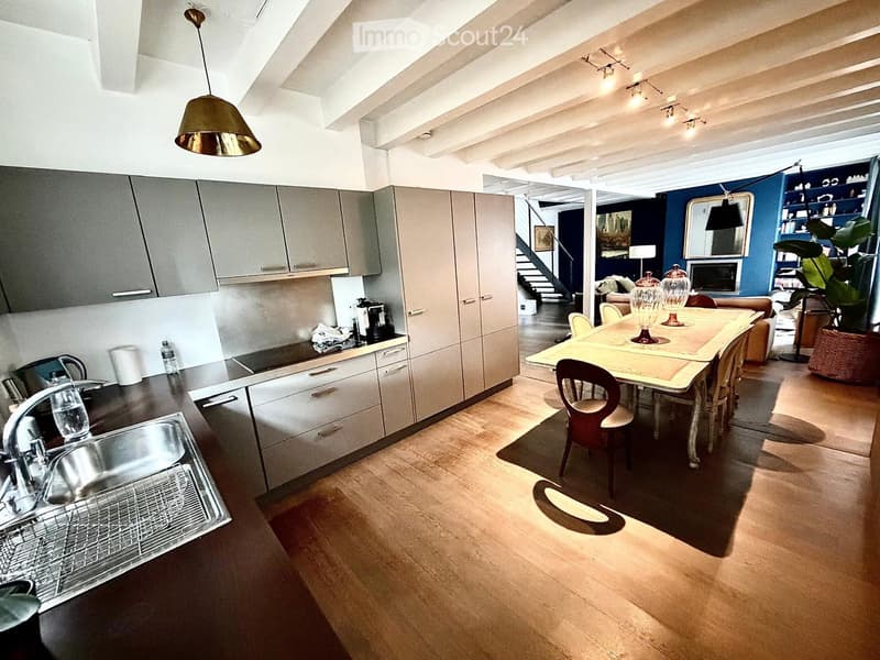 Open-plan kitchen and dining area with modern cabinets, stainless steel sink, dishwasher, coffee maker, dining table with chairs, vases, sofa, mirror, bookshelf, and potted plant.