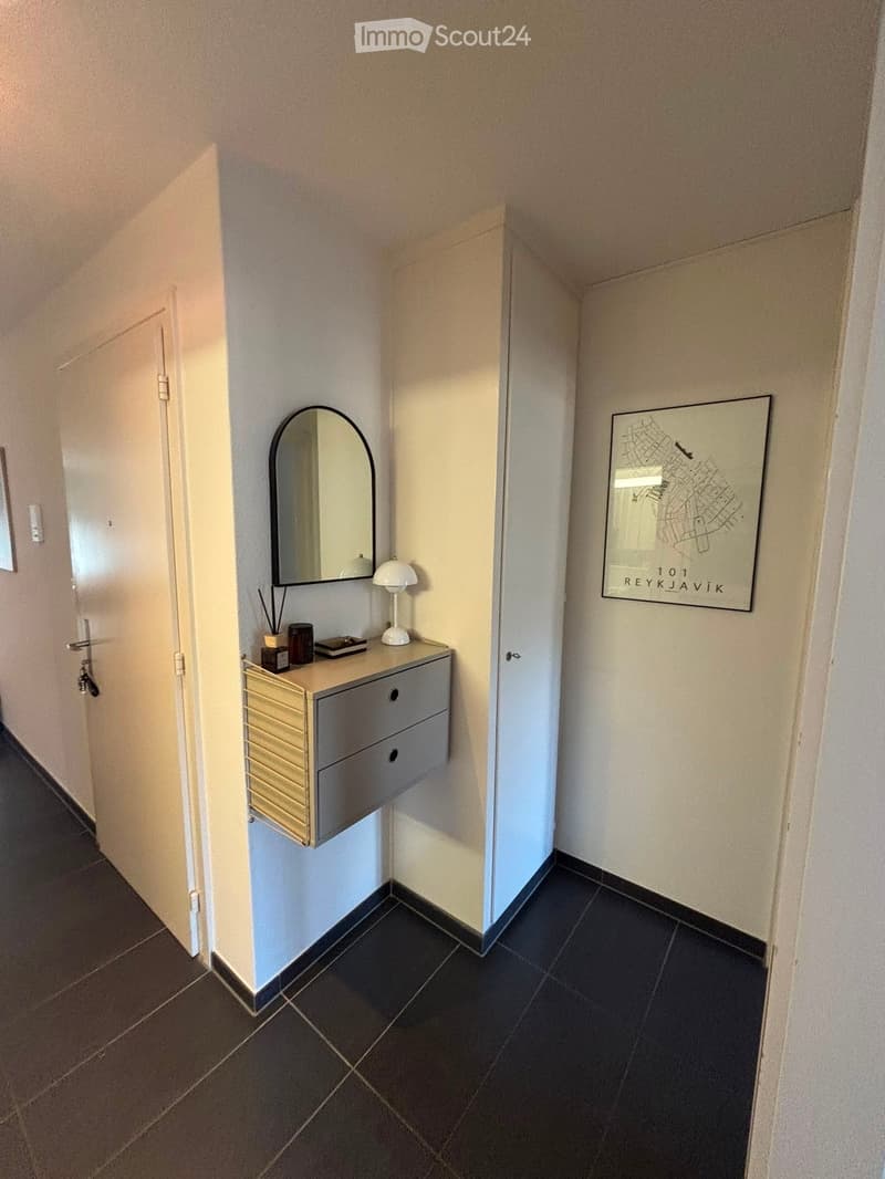 A narrow hallway with a small vanity area featuring a mirror, lamp, and small storage unit. A framed map of Reykjavik is mounted on the wall.