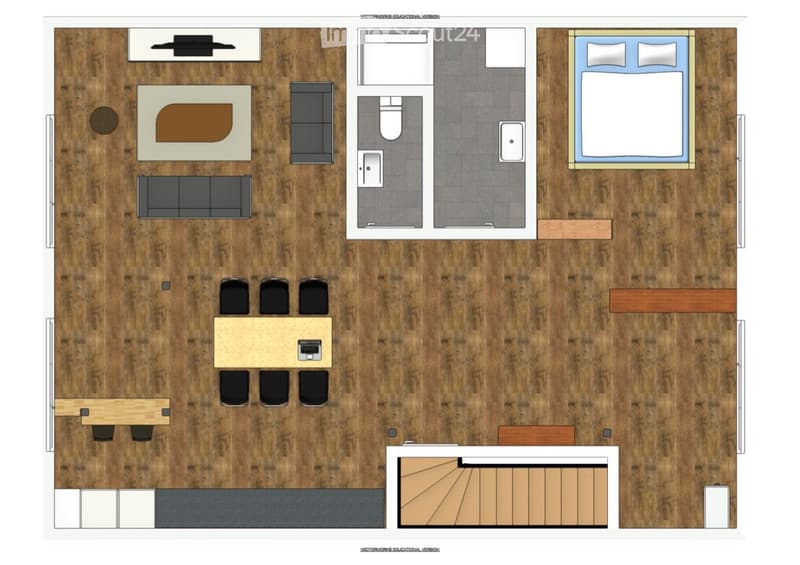 Floor plan of a modern apartment featuring a living room, dining area, kitchen, bedroom, and bathroom. The layout includes a sofa, coffee table, dining table with chairs, and a bed with pillows.