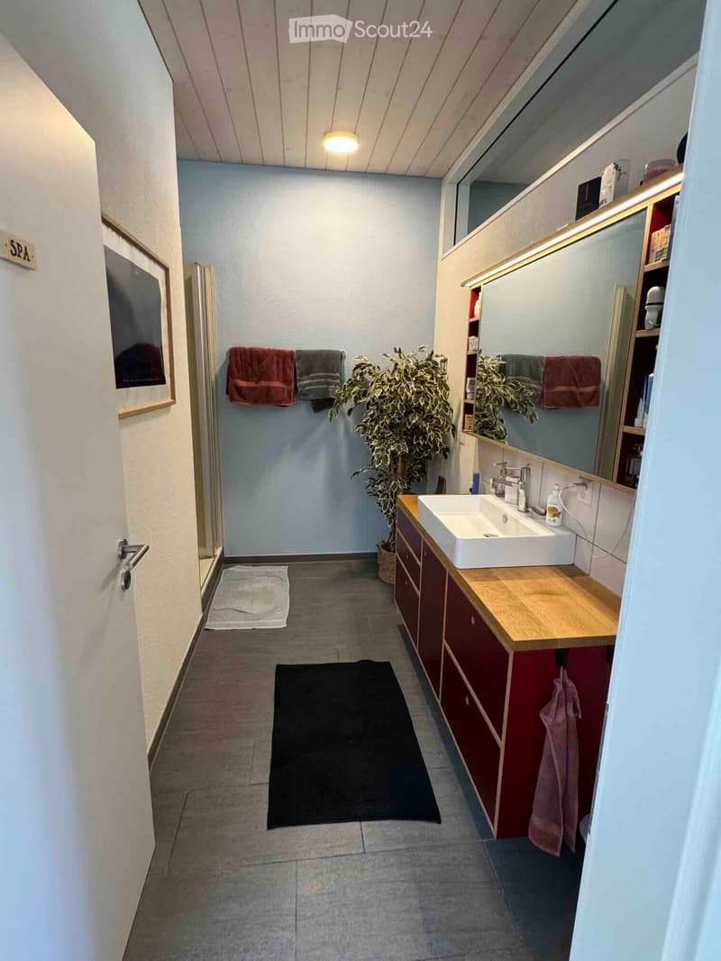 Modern bathroom with a white sink, wooden countertop, mirrored cabinet, and towels hanging on racks. Includes a potted plant and a black bathmat on the floor.