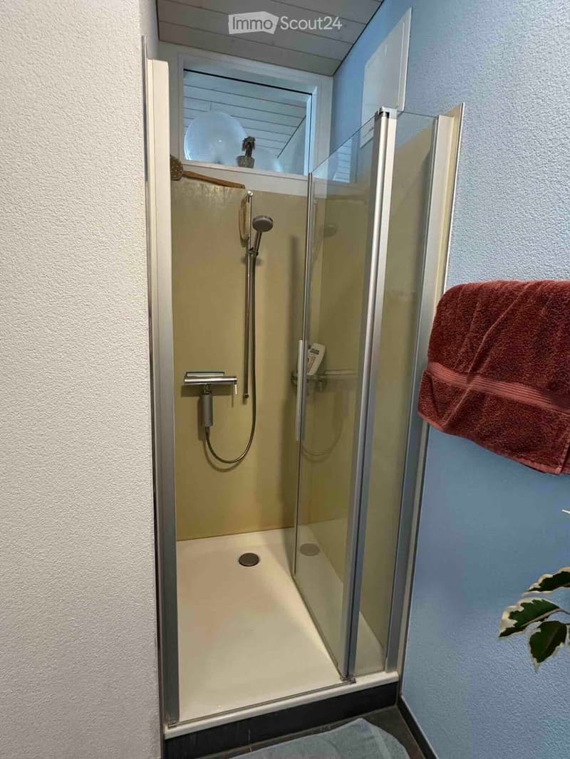 Modern shower with glass enclosure, handheld showerhead, and a red towel hanging on the wall.