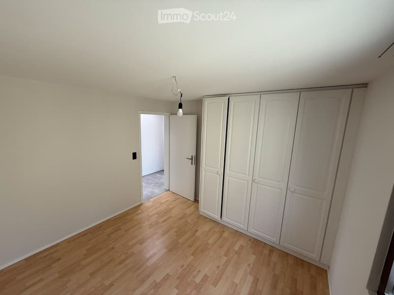 Empty room with light-colored walls, wooden flooring, and a large white closet. A single light fixture hangs from the ceiling, and an open doorway leads to another space.