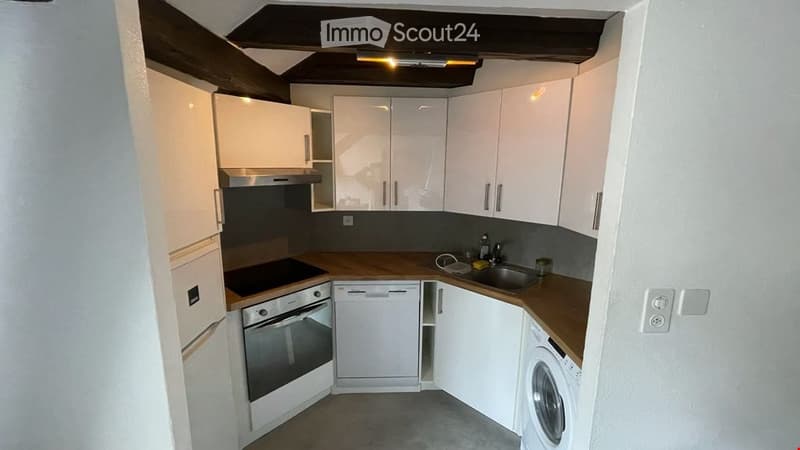 Modern kitchen with white cabinets, wooden countertops, stainless steel appliances including an oven, dishwasher, and washing machine.