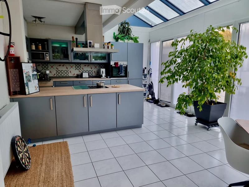Modern kitchen with grey cabinets, wooden countertop, large island, and a potted plant near the window. Includes appliances like a fridge, microwave, and oven, as well as a dartboard and vacuum cleaner.