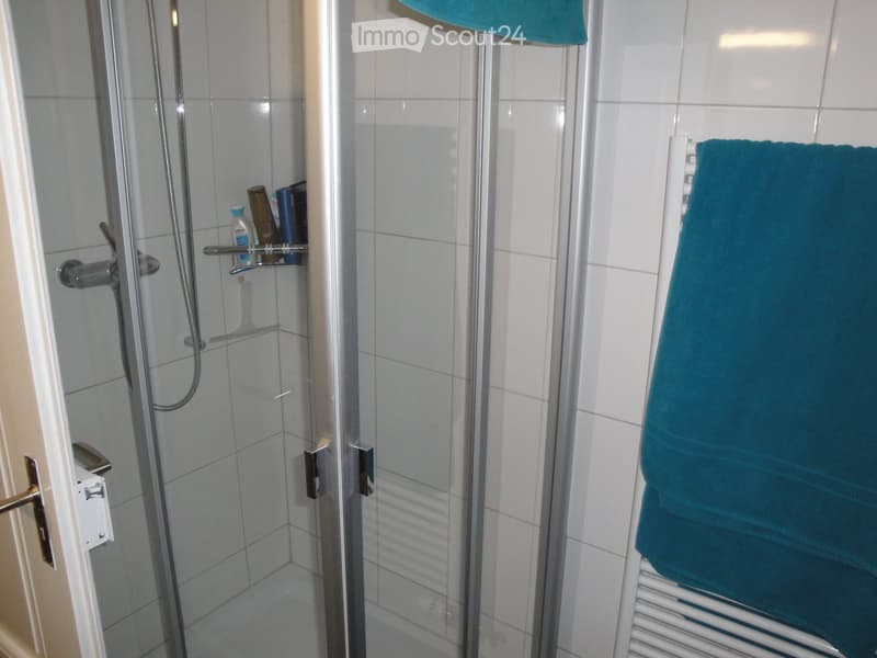 Modern bathroom with a glass-enclosed shower, tiled walls, a towel on a radiator, and a shower shelf holding toiletries.