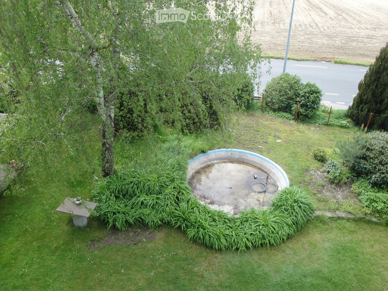 Garden area with a small circular pool, surrounded by green grass, shrubs, and trees. A stone bench is visible to the left of the pool.