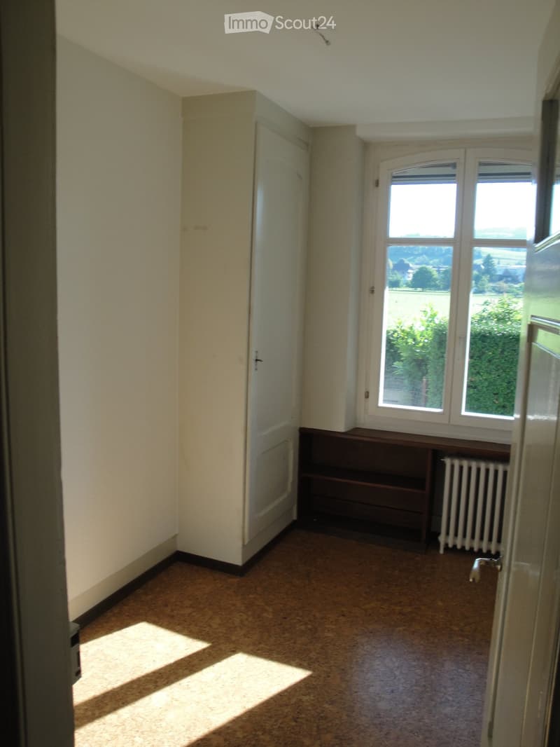 Empty room with light-colored walls, wooden floor, and a window with a view of greenery. There is a radiator and a small wooden shelf unit against the wall.