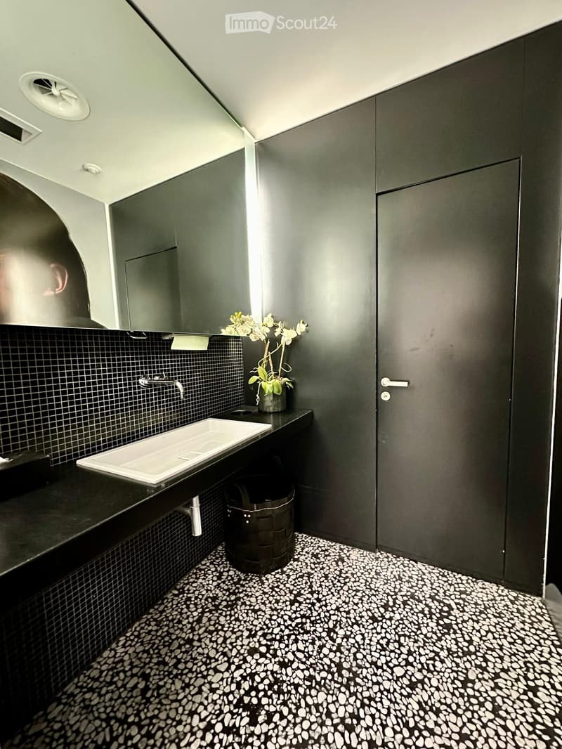 Modern bathroom with black and white patterned floor, dark grey walls, white sink, black countertop, and a small plant on the counter.
