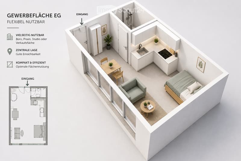 3D floor plan of a compact, multi-functional space featuring a bedroom, living area, kitchen, and bathroom. Includes a bed, sofa, dining table, chairs, kitchen appliances, and a shower stall.