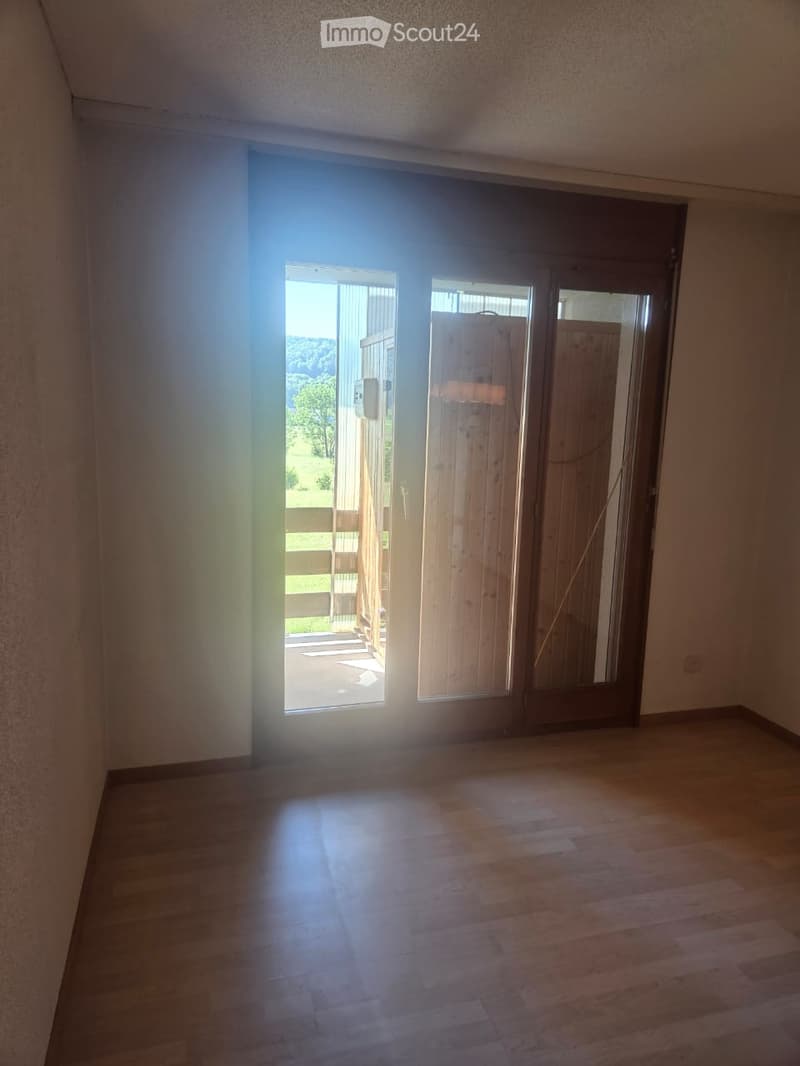 Empty room with wooden flooring and large sliding glass doors leading to an outdoor area.