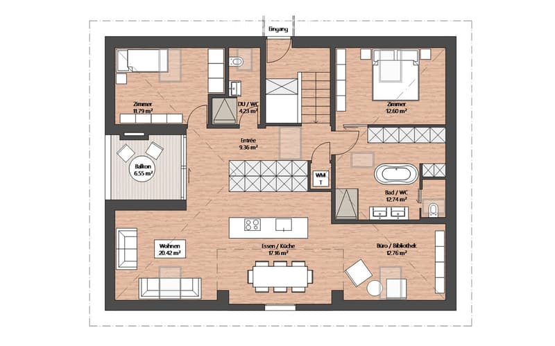 Floor plan of a modern apartment with living, dining, kitchen, bedrooms, bathrooms, and a balcony.