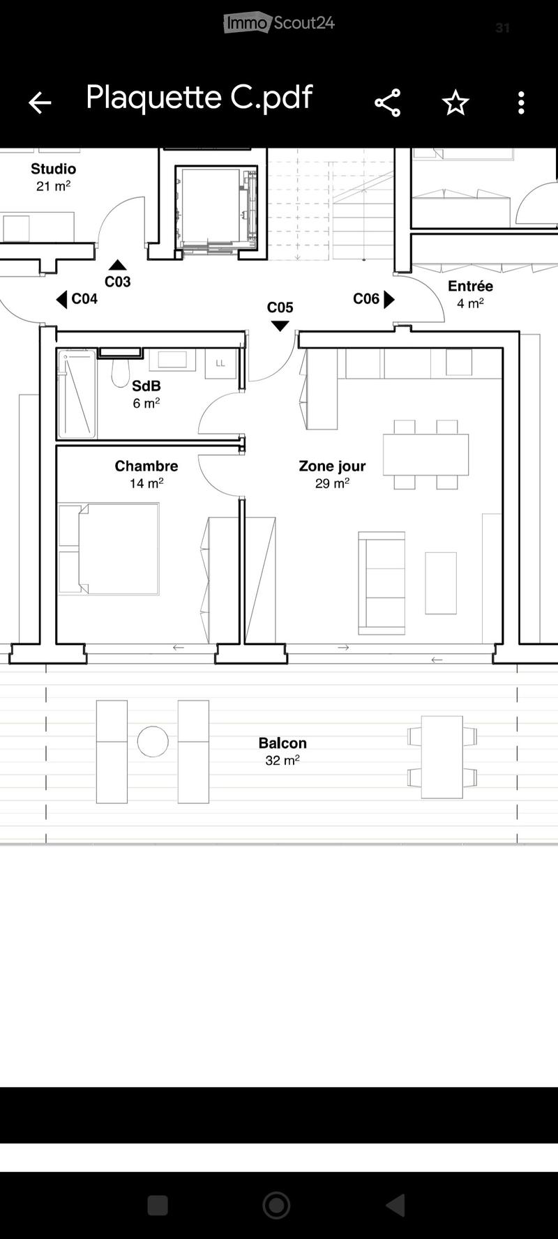 Floor plan showing a studio, entrance, bathroom, bedroom, living area, and balcony.