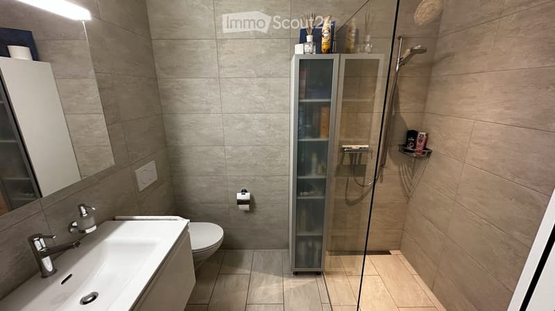 Modern bathroom with beige tiles, a white sink with a chrome faucet, a toilet, a glass-enclosed shower, a mirrored cabinet, and a shower shelf with toiletries.
