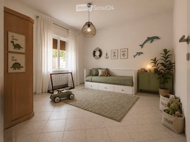 Cozy children's bedroom with a daybed, green bedding, a small goal, a toy car, a plant, and decorative picture frames.