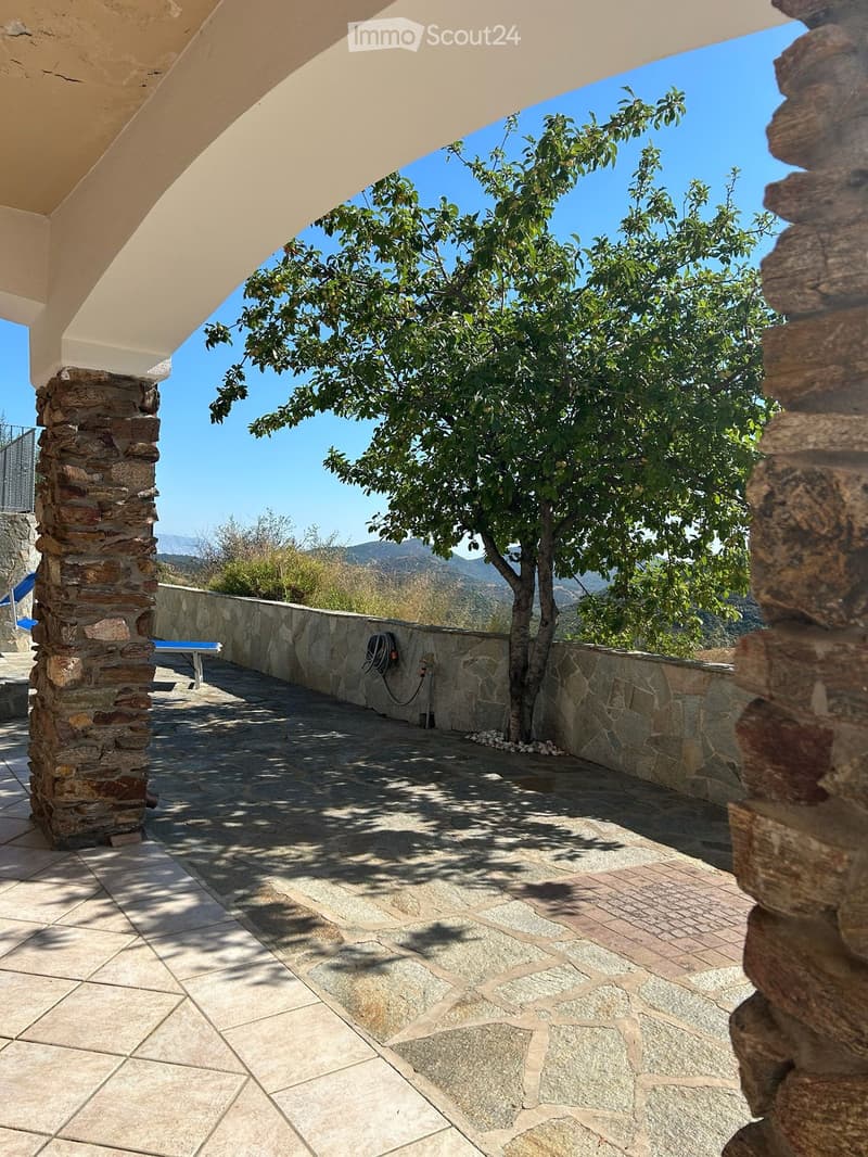 Outdoor stone-paved terrace with a tree, stone walls, and a scenic mountain view.