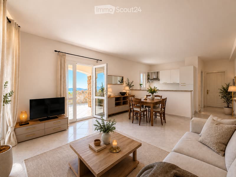 Bright, modern living and dining area with large sliding glass doors opening to a balcony with sea views. Features a grey sofa, wooden coffee table, flat-screen TV on a cabinet, dining table with chairs, and a small kitchen area with cabinets and a counte
