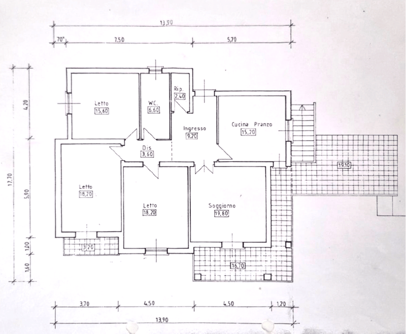 Floor plan of a residential space with three bedrooms, a living room, a kitchen-dining area, a bathroom, and an entrance area.