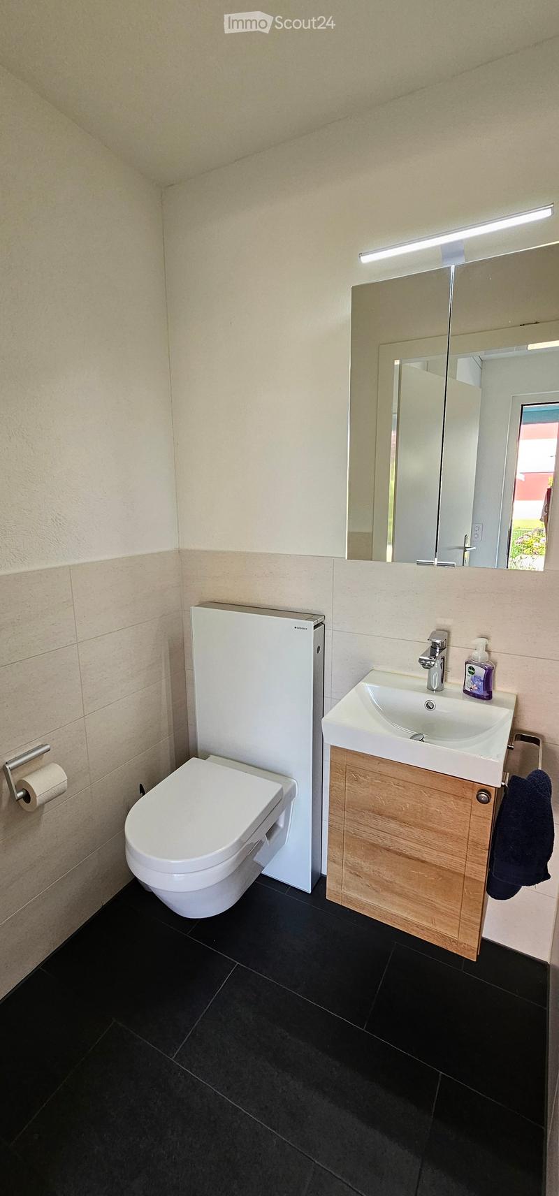 Modern bathroom with white toilet, sink, and mirror, black tiled floor, and wooden cabinet under sink.