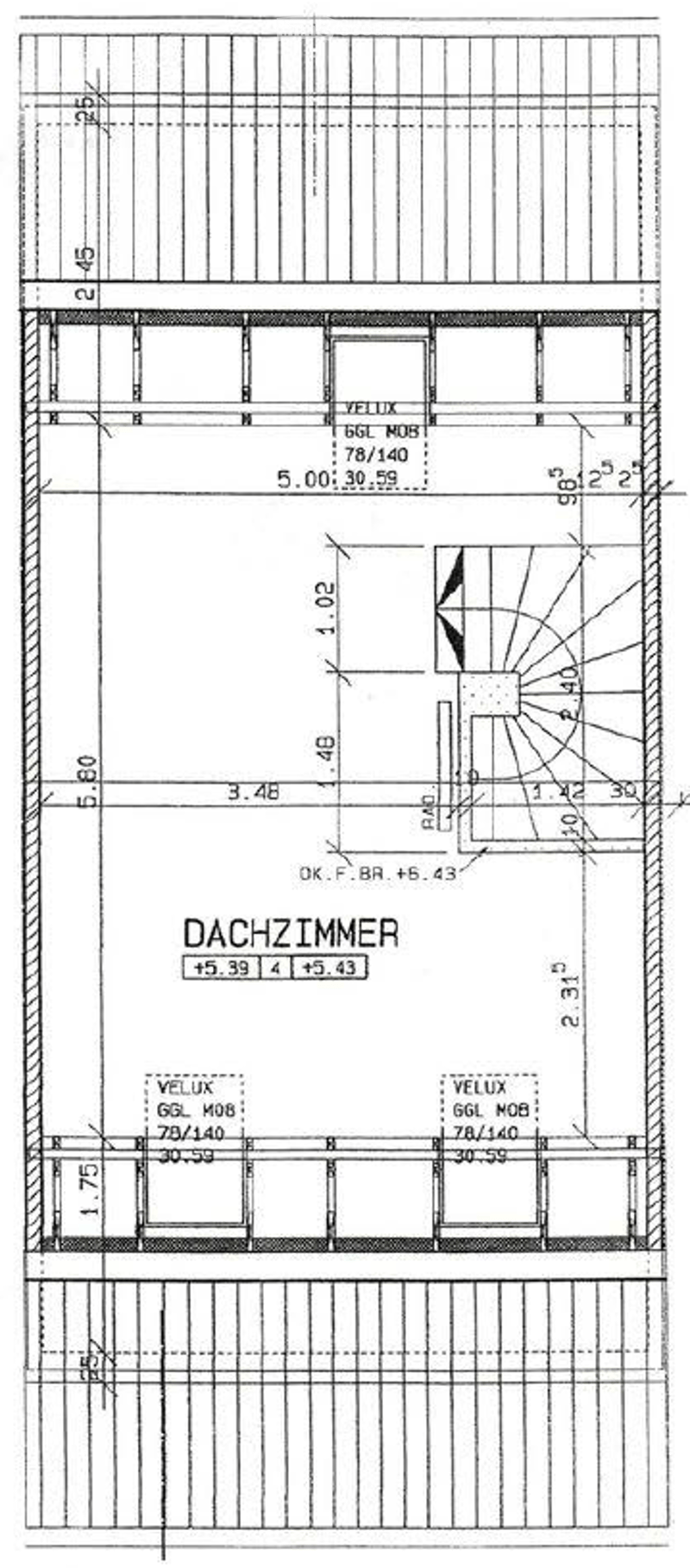 Floor plan of a roof room (Dachzimmer) with labeled dimensions, showing a central circular area and surrounding spaces.