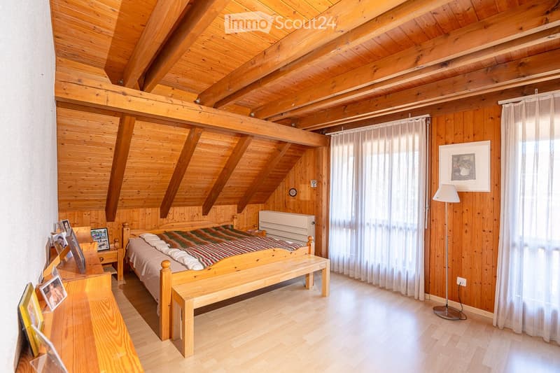 wooden bed, wooden bench, wooden desk, white curtains, wooden ceiling, wooden walls, floor lamp