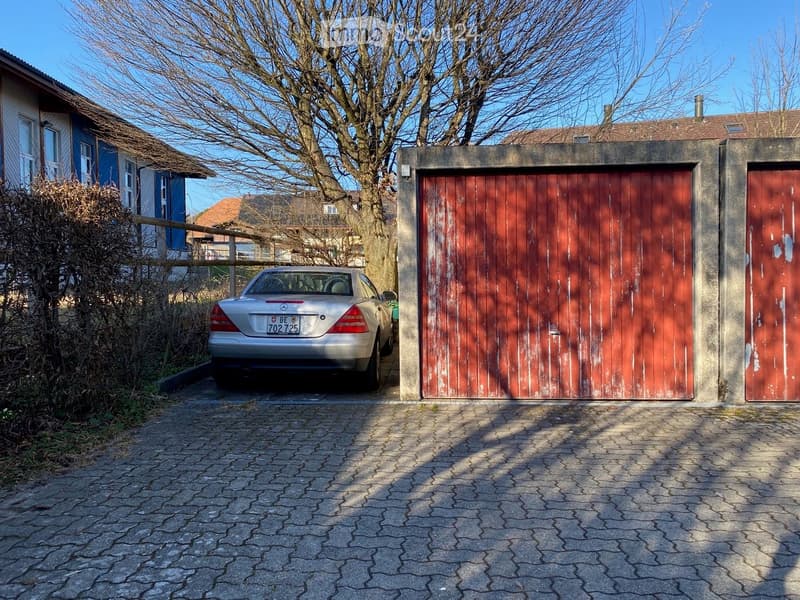 silver car parked in front of a garage, brick driveway, tree, bushes