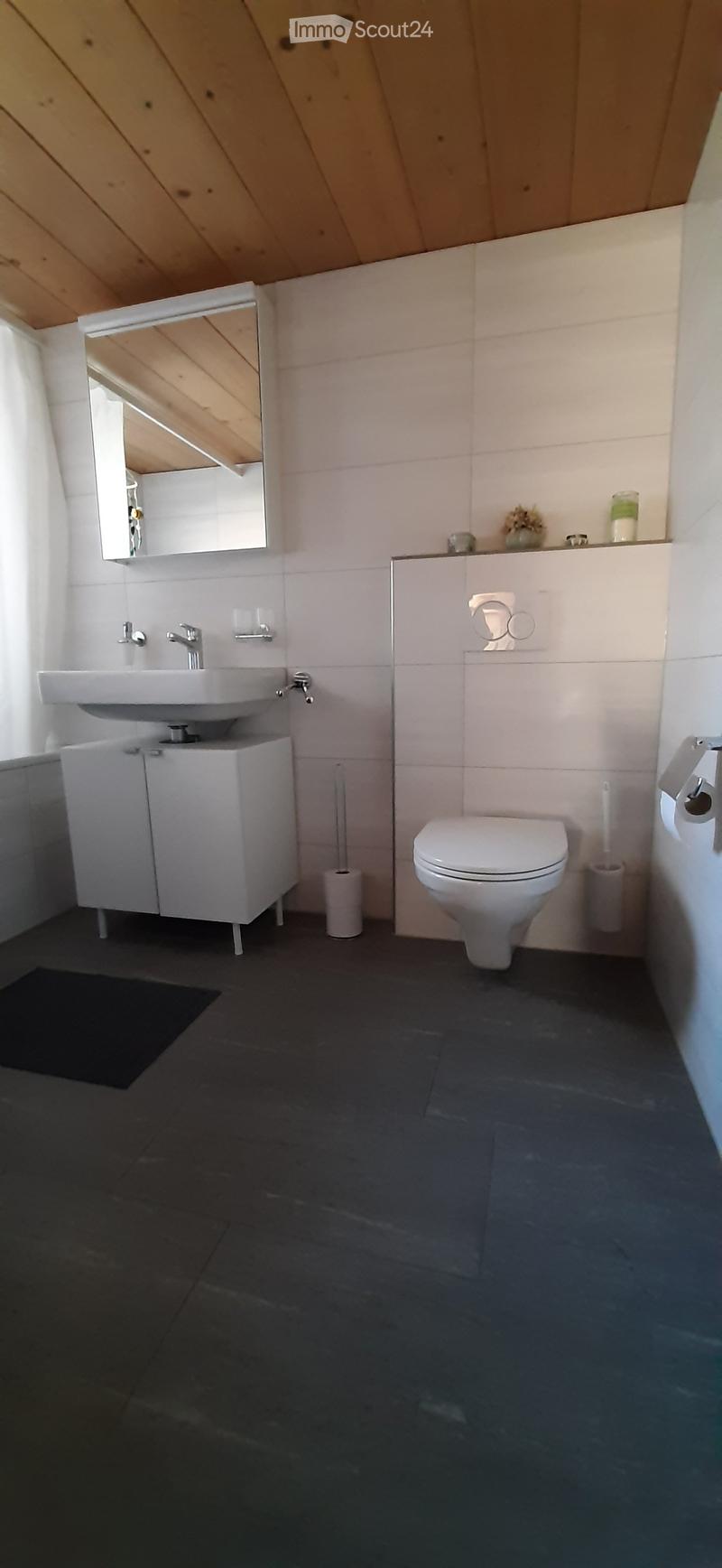 white sink, modern shower, white toilet, black rug, white cabinets