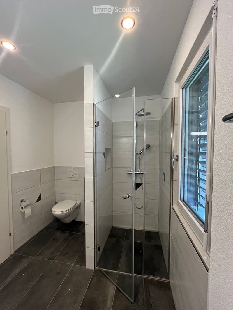 Modern bathroom with a glass-enclosed shower, toilet, and built-in toilet paper holder. Features dark tiled floors and walls, recessed lighting, and a window providing natural light.