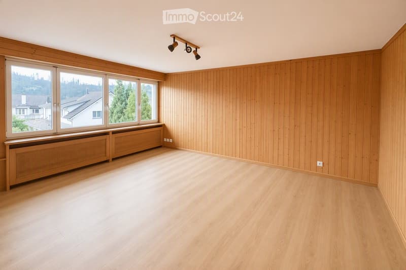 Empty room with wooden walls and floor, large windows, radiator, and track lighting.