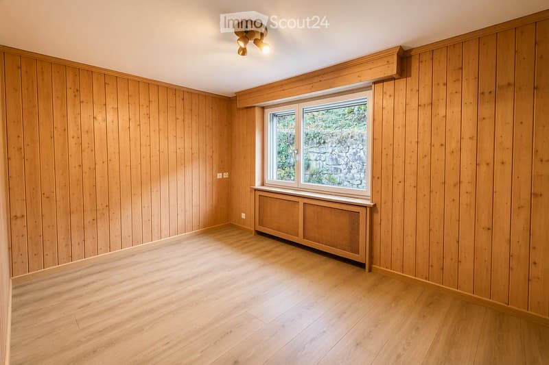 Empty room with wooden walls and flooring, a window with a view of greenery, and a radiator below the window.