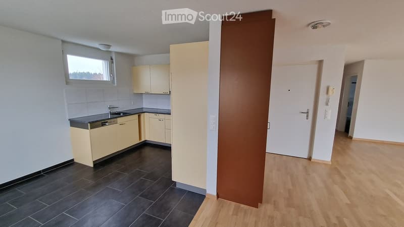 Modern kitchen with light-colored cabinets, dark tiled floor, and a window overlooking a view. The adjacent hallway has wooden flooring and white walls.