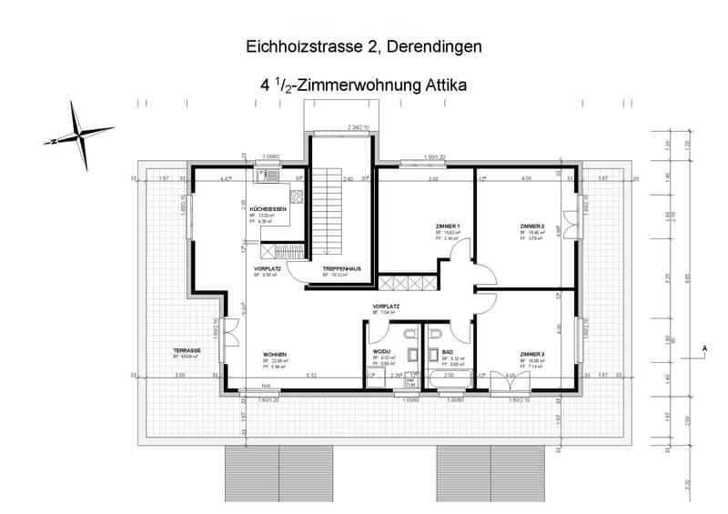 Floor plan of a 4.5-room attic apartment with labeled rooms including kitchen, living area, three bedrooms, bathroom, and terrace.