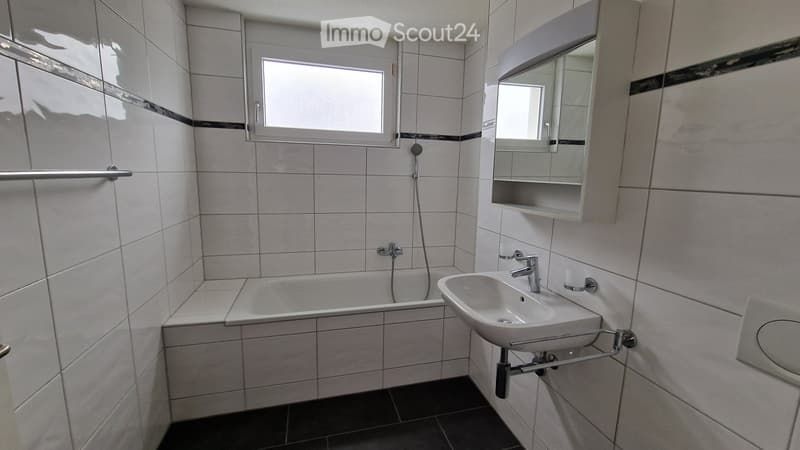 Modern bathroom with white tiled walls, a bathtub, a sink with a mirror cabinet, and a showerhead.