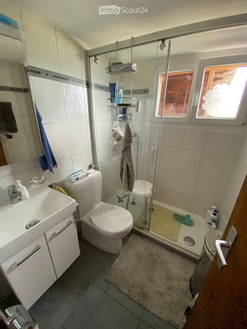 Bathroom with a white sink, toilet, glass-enclosed shower, and a small window. Includes a towel, a mirror, and a bathroom cabinet.