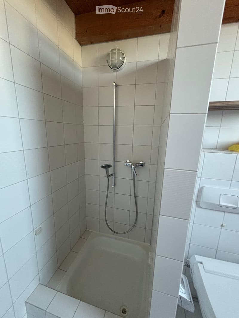 A small bathroom with a bathtub, a showerhead, a faucet, and a light fixture on the wall.
