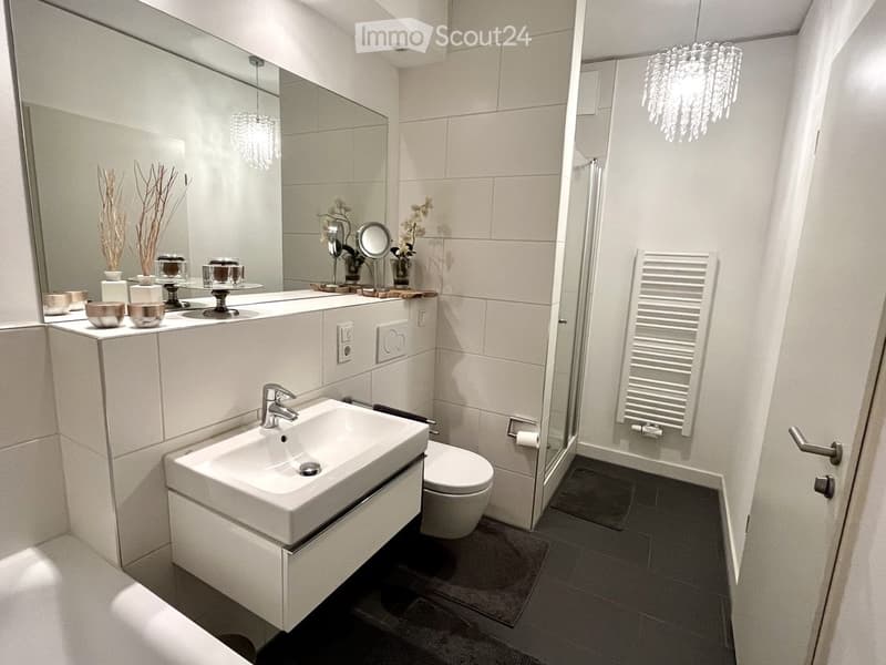 Modern bathroom with a white sink, toilet, large mirror, and decorative items on the counter. Features a glass-enclosed shower area and a white radiator.