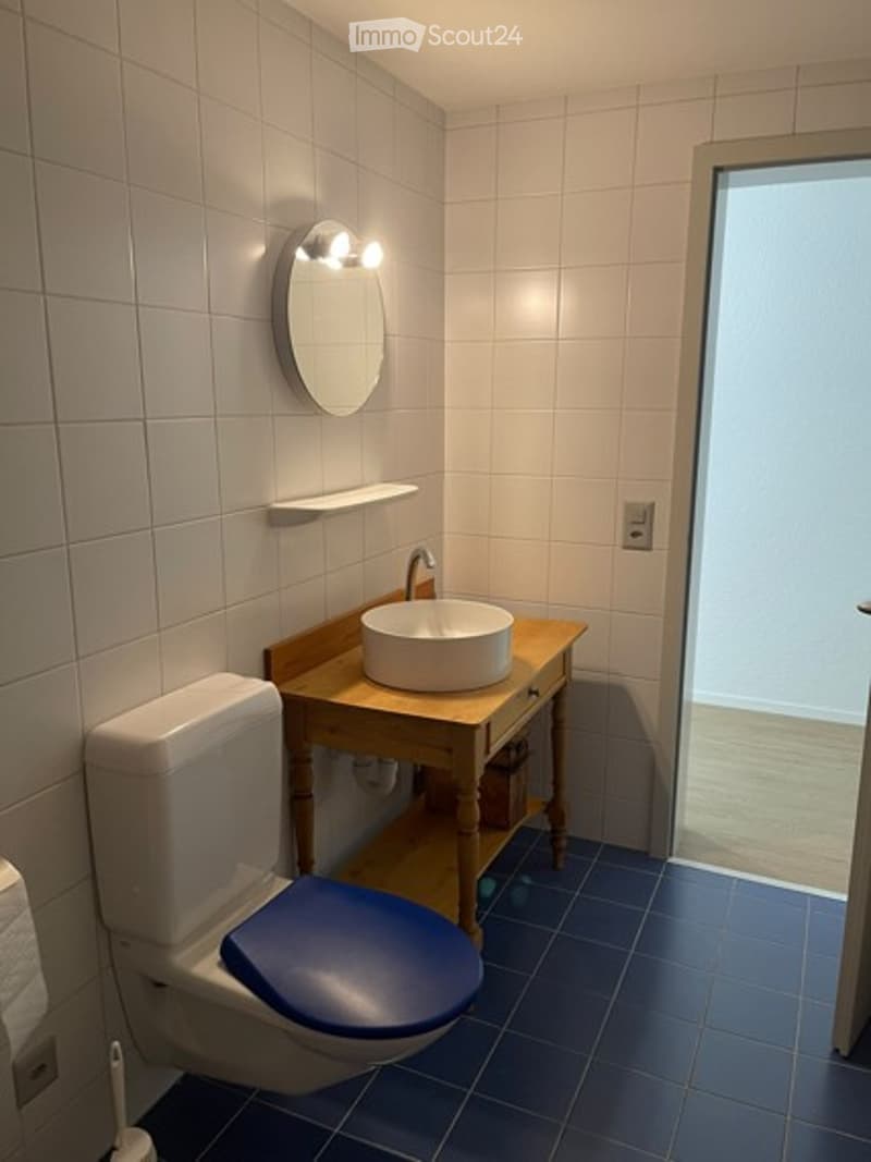Modern bathroom with white tiles, blue floor tiles, a toilet with a blue seat, a wooden sink cabinet, a round sink, and a wall-mounted mirror with built-in lighting.