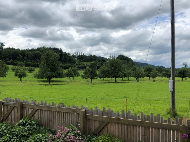 A wide, green field with scattered trees and a wooden fence in the foreground, under a partly cloudy sky.