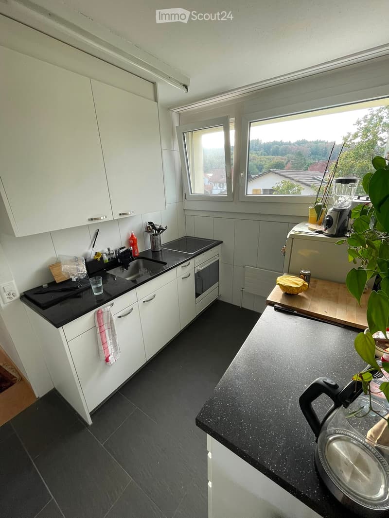 Modern kitchen with white cabinets, black countertops, and stainless steel appliances. Features a sink, oven, refrigerator, blender, and various kitchen items on the counters.