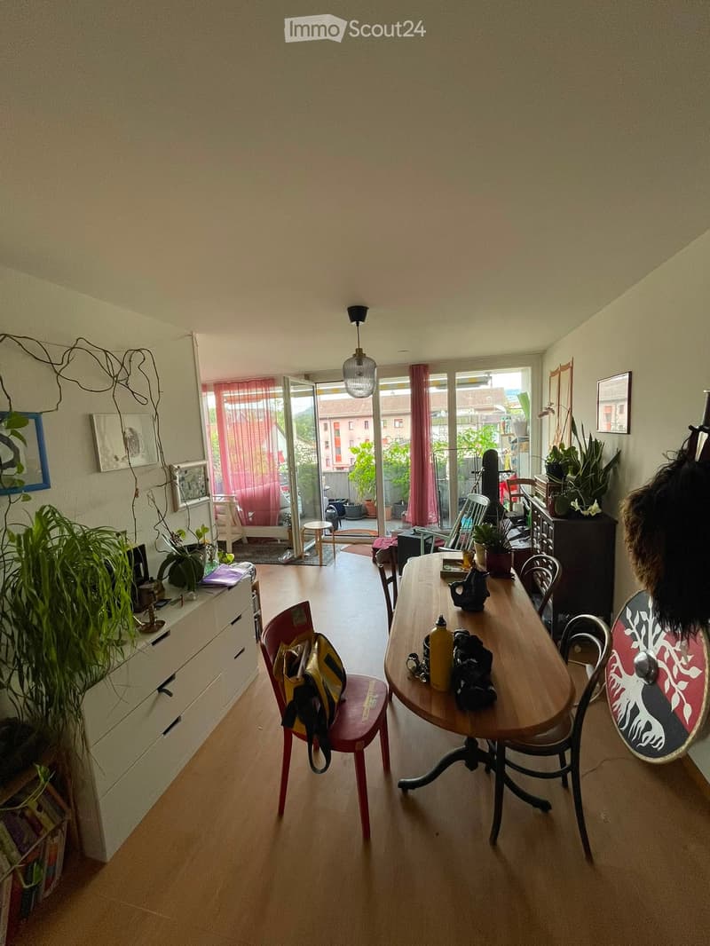 A well-lit living and dining area with wooden flooring, a large dining table with chairs, a cabinet with potted plants, and a view to a balcony with outdoor furniture.