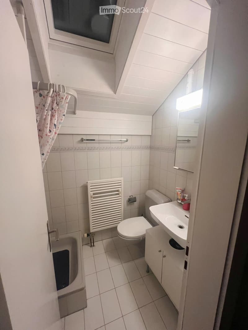 Compact bathroom with white tiles, a toilet, a sink with a cabinet, a radiator, a mirror, and a bathtub.