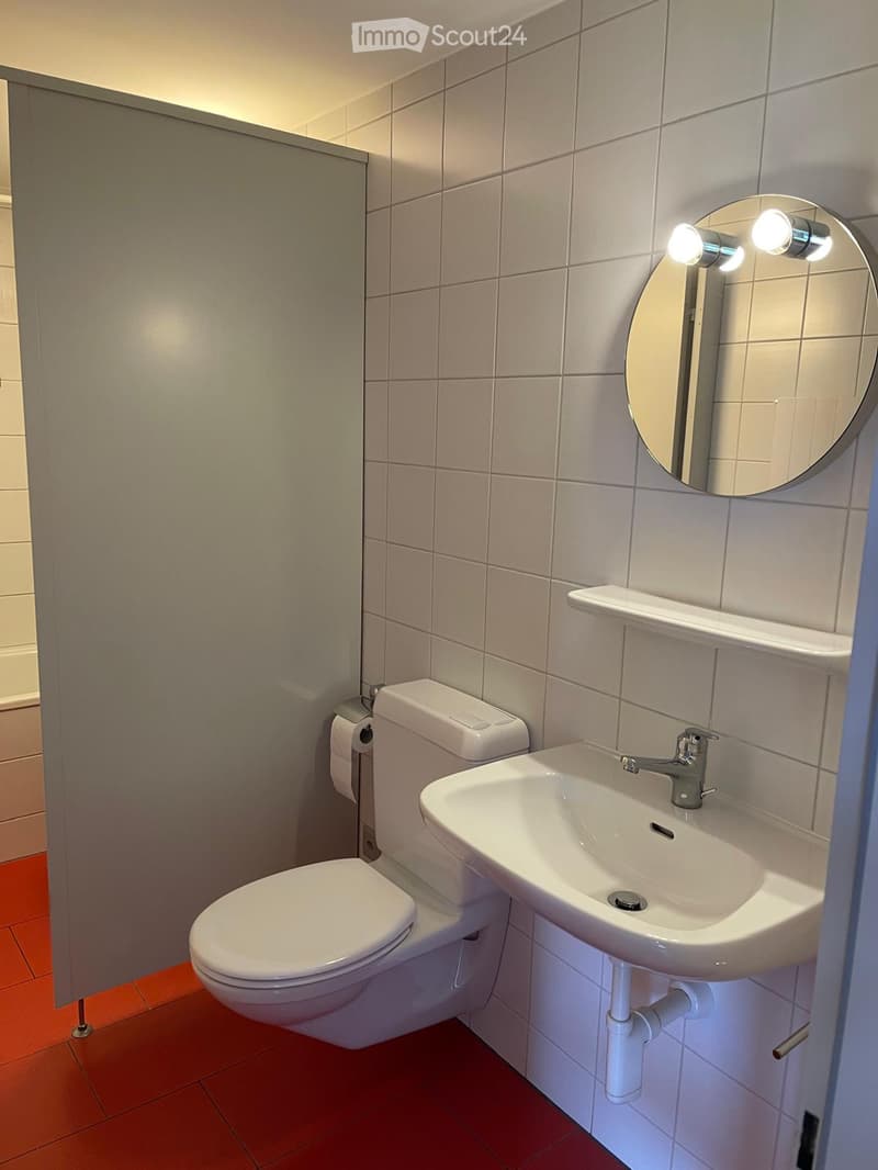 Modern bathroom with white tiles, a toilet, a sink with a chrome faucet, a round mirror with built-in lights, and a shelf above the sink.
